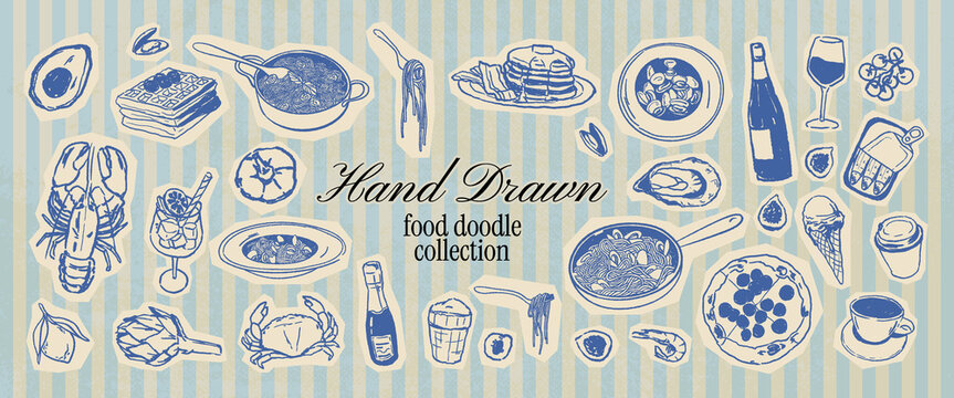 Italian Mediterranean doodle food scrapbook collection. Hand drawn ink illustration of pasta, seafood, wine, desserts. Crayon sketch doodle brunch or picnic for design, menus and culinary branding.