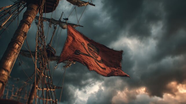 Pirate ship with jolly roger flag sails under dramatic cloudy sky