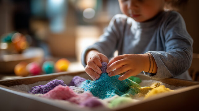 Children's hands engaged in activity with kinetic sand for motor and sensory development toddler play therapy with colorful toys on sandbox educational recreation tactile