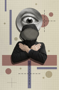 Collage with a man in hood with a hypnotic spiral instead of a face