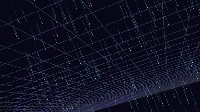 A futuristic grid structure with intersecting lines and dripping elements viewed from a low angle against a dark background