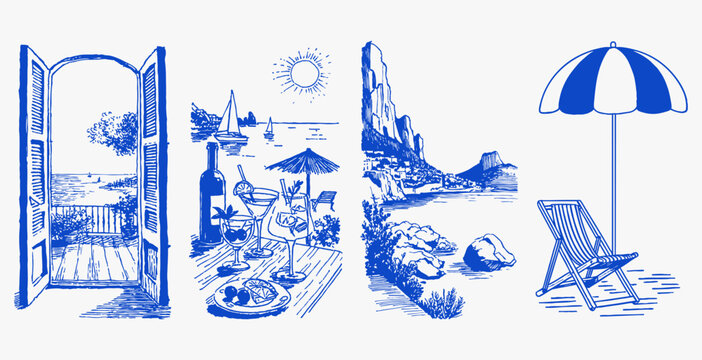 Balcony sea view cocktails wine terrace beach. Hand drawn mediterranean summer scenes with open shutters, drinks table, rocky coast and umbrella chair. Vintage italian vacation illustration set.