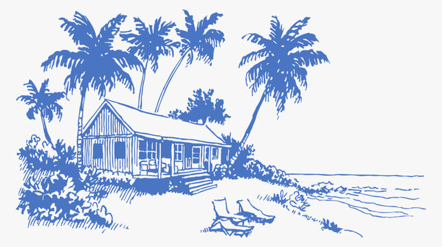 Beach hut palms resort coast tropical house. Hand drawn crayon vintage sketch drawing line art with bungalow, chairs and ocean shore. Retro summer travel postcard composition.