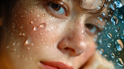 Woman Face with Water Droplets on Skin Close-up