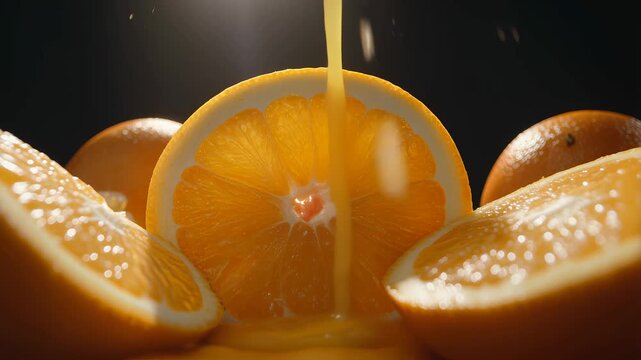 Fresh orange slice with juice pouring in slow motion, macro cinematic shot, vibrant colors, dramatic lighting, ultra detailed texture, refreshing summer vibe, 8K commercial beverage advertisement.