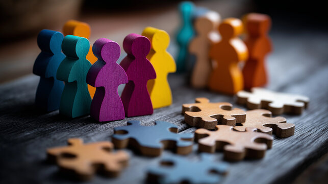 Colorful wooden game pieces standing together on scattered jigsaw puzzle representing teamwork and community cooperative play puzzle elements recreational metaphor bright color