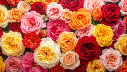 A vibrant tapestry of diverse roses in full bloom, showcasing a spectrum of colors