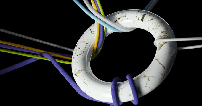 Luxury Abstract Motion Graphics. White Marble Ring with Gold Veins and Colorful Ropes. Elegant Connectivity and Modern Design Concept.