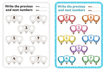 Set of Math Worksheets with Hot Air Balloons. Previous and Next Numbers