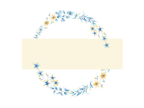 a round frame with a rectangle, with watercolor flowers in yellow and blue