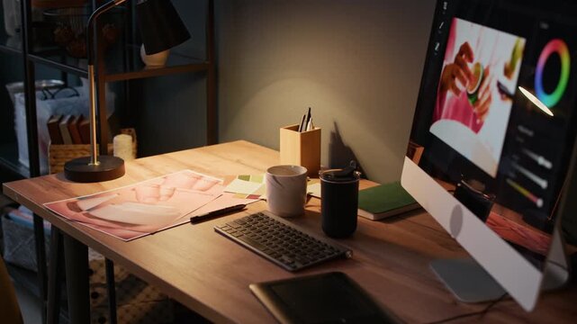 Medium shot of wooden table with photos, stationery and working computer monitor on top in studio