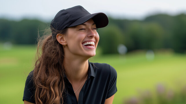 Faceless woman on golf course for fun game or leisure outdoor in summer laughing portrait and smile funny holiday joy bonding relationship vacation defocused green course