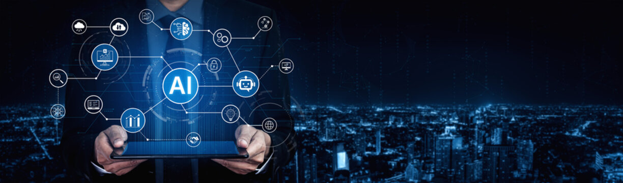 AI network diagram with connected technology icons for digital business. AI platform, analytics, AI automation, AI security for modern enterprise systems. Corpus