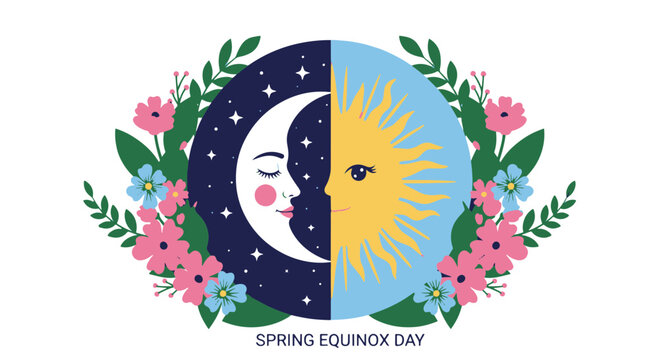 Harmonious Celestial Faces Embodying Spring Equinox Day and Night Surrounded by Blooming Floral Elements