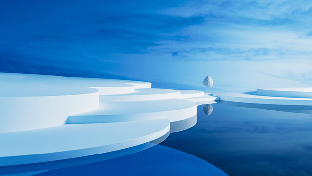 Isolated white tree in a surreal minimalist landscape