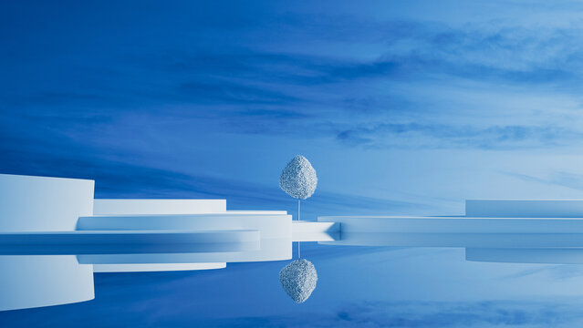 Isolated white tree in a surreal minimalist landscape