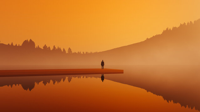 Silhouette of man in surreal landscape with fog and geometric shapes