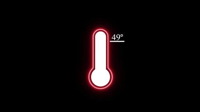 Neon thermometer shows the temperature of air or water at 49 degrees Celsius.Temperature increase global warming concept with,Neon thermometer icon with temperature reading on black background.