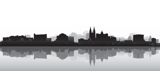 Fototapeta premium Black and white panoramic poster of the city skyline with misty background buildings and water reflection of PRAGUE, CZECH REPUBLIC
