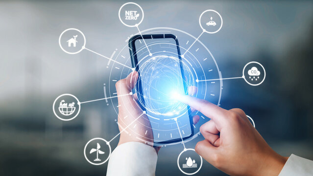 Net zero and sustainability concepts with environmental balance, digital sustainability icons, green energy goals, and eco-conscious digital business transformation for the future. Gist