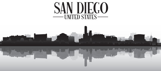 Naklejka premium Black and white panoramic poster of the city skyline with misty background buildings and water reflection of SAN DIEGO, UNITED STATES