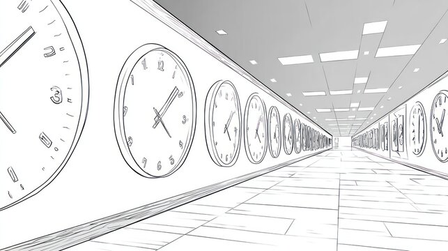 Line drawing of a hallway with many clocks on the walls, leading to a vanishing point