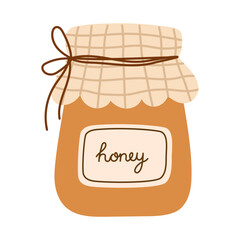 Honey jar with fabric lid and label design. Cozy autumn organic food illustration for farmhouse branding, packaging, and kitchen decor. Hand drawn vector illustration.