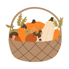 Harvest basket with pumpkins, leaves, and autumn vegetables. Cozy thanksgiving illustration for fall decor, seasonal branding, packaging, and marketing design. Hand drawn vector illustration.