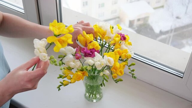 Top view of woman composing freesia bouquet in glass vase on bright windowsill. Minimal spring styling and floral design concept.