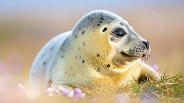 Baby-Robbe auf pastelliger Wiese