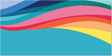 Obraz premium Vibrant multicolored wavy stripes in shades of blue green pink red orange yellow on teal background
