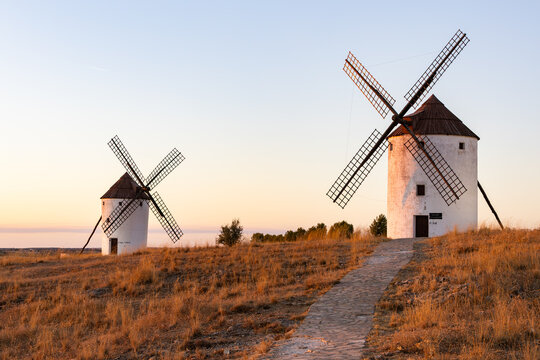 Traditional windmills standing on a hill at Mota del Cuervo Spain