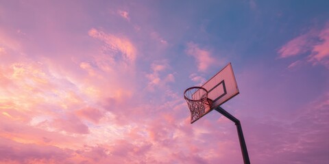 Basketball hoop against a vibrant sunset sky