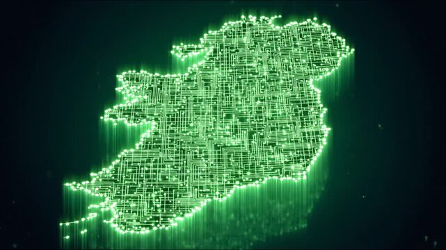 Glowing green, circuit-board-style outline of a geographic area against a dark backdrop