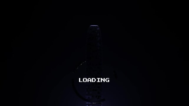 Dark minimal composition showing vertical futuristic element with glowing blue light and loading text symbolizing digital progress and system startup