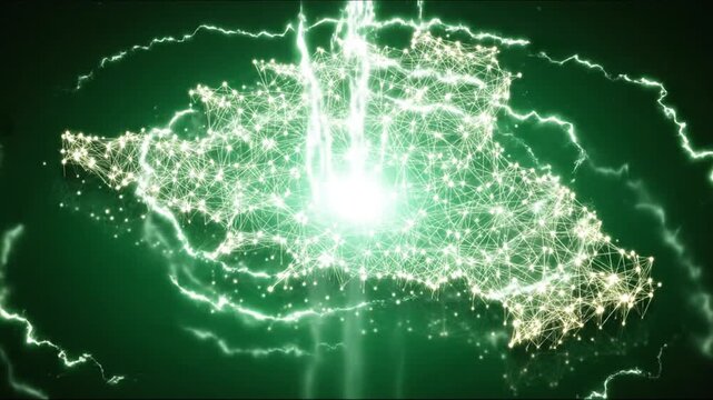 A luminous abstract map outline composed of connected dots and lines, against a green gradient background
