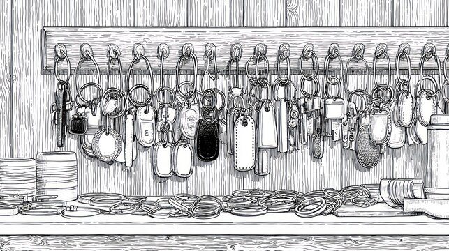 A grayscale illustration of a key rack with many keys hanging