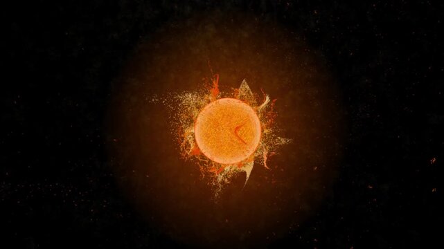Glowing orange sun sphere surrounded by dynamic fiery particles and plasma bursts set against a deep black space background in a dramatic 3D render