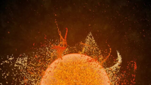 Extreme macro view of vibrant orange and yellow solar surface texture with swirling plasma patterns and intense heat details in abstract space scene