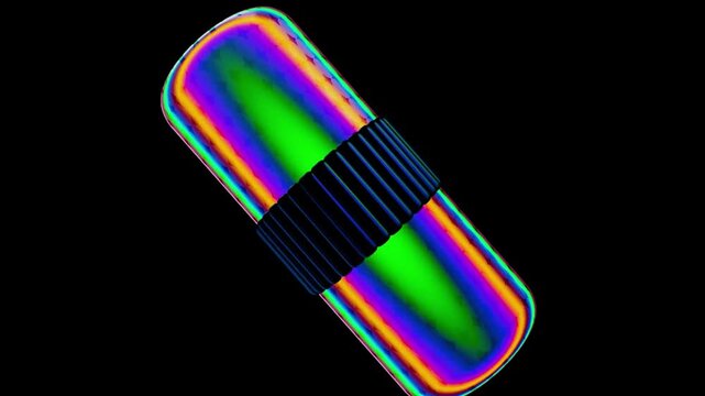 3D rendered capsule shaped object with glossy iridescent surface and bright neon rainbow gradients floating on a black background, creating a sleek futuristic abstract composition