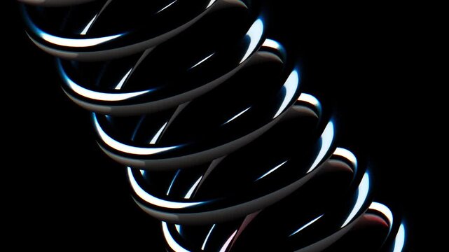 3D abstract composition of glossy black stacked spring coils with reflective highlights on a deep black background, creating a sleek modern industrial visual with strong contrast