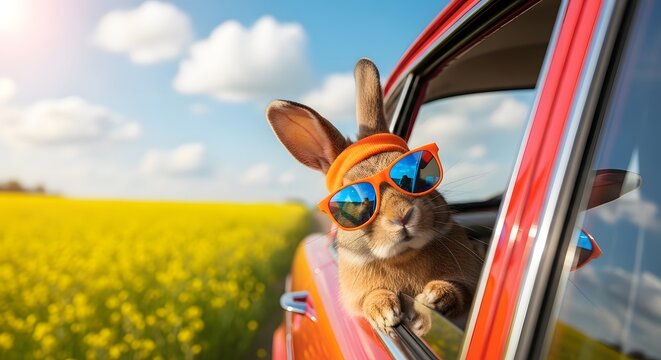 Easter bunny on a spring road trip with sunglasses and orange headband