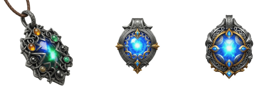 Fantasy game amulet isolated on white background no shadow, RPG magical pendant amuleto m&aacute;gico 护身符 enchanted talisman accessory 3D render gaming asset PNG clipart transparent