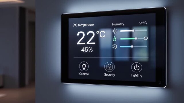 Contemporary interior decor includes sleek thermostat with visual indicators