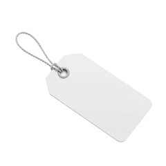 A blank white tag with a silver ringlet attached to the top. isolated on transparent background