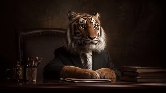 Tiger in a Dark Suit at Executive Desk Powerful Business Concept