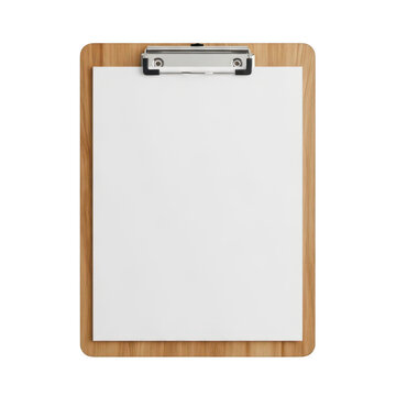 A wooden clipboard with a blank white sheet of paper attached, ready for notes. isolated on transparent background