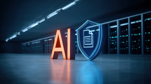 AI concept glowing letters and digital shield with document icon in secure server room, futuristic data protection and technology scene