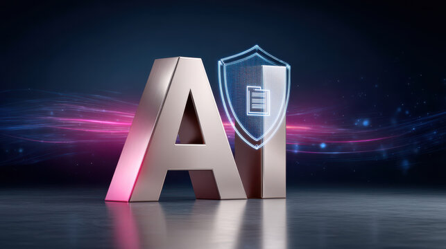 Metallic AI letters with glowing shield hologram and neon light trail, futuristic data protection concept in reflective studio setting