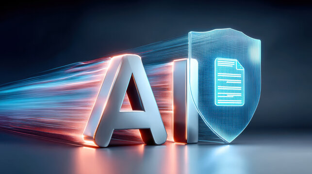 AI letters with glowing data shield and dynamic light trails conveying secure artificial intelligence processing and digital protection